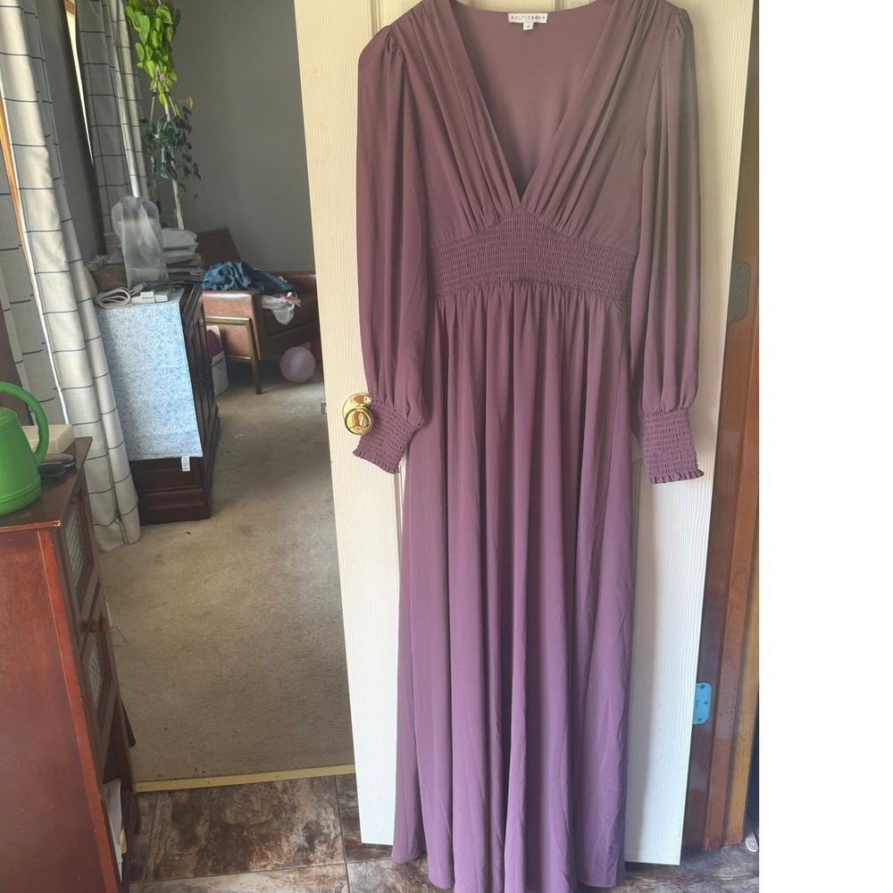 Baltic Born Womens Small Mauve Purple Long Sleeve Smocked Waist VNeck Maxi Dress